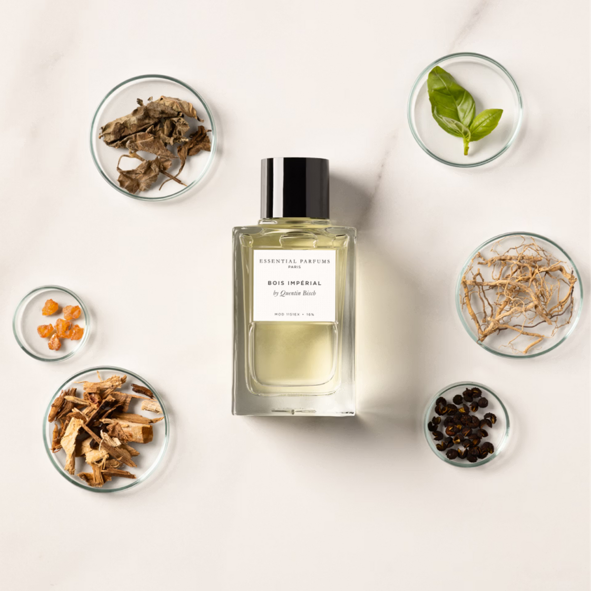 Essential Parfums Bois Imperial bottle in an atmospheric natural setting