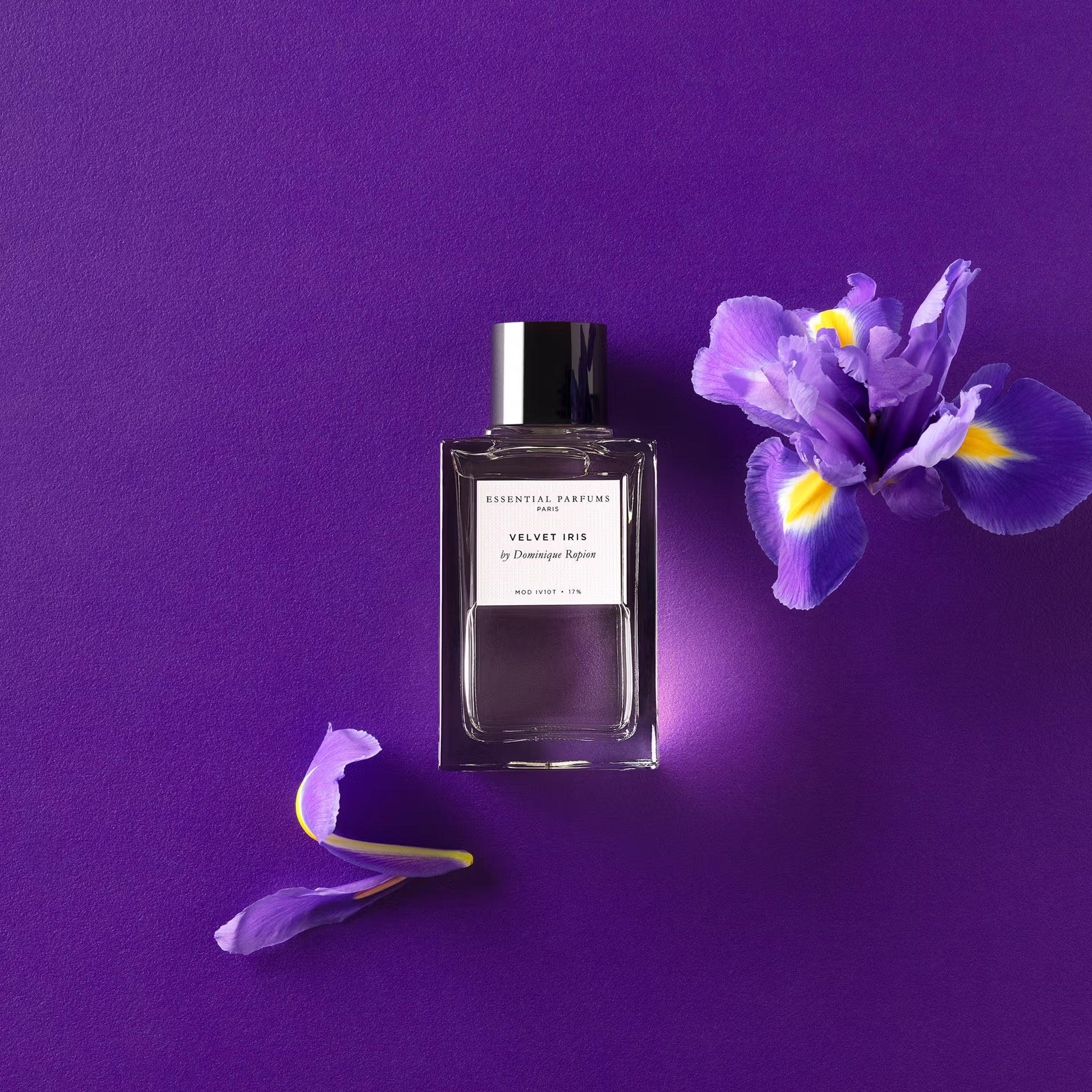 Essential Parfums Velvet iris mood bottle and flower - SNUD
