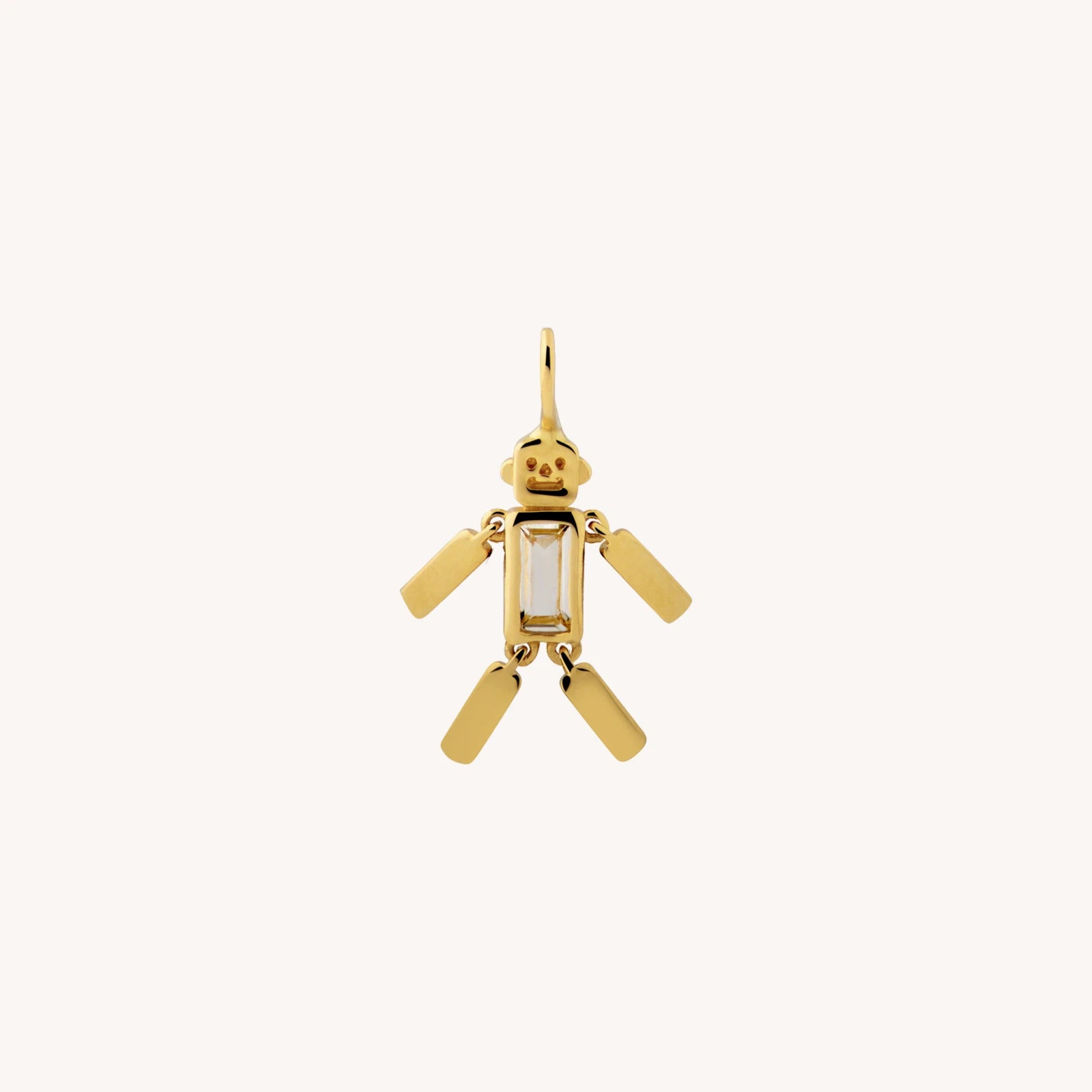 Robot charm in 18k recycled solid gold with baguette gemstone by All About Articus, with movable arms and legs