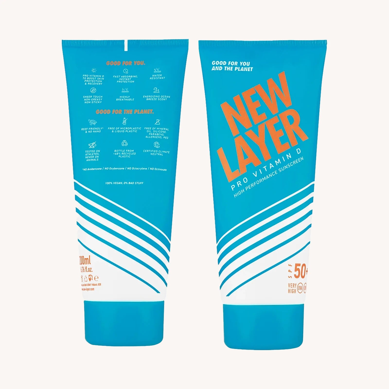 New Layer Pro Vitamin D Sonnencreme LSF 50+, Tube Vorder- und Rückseite