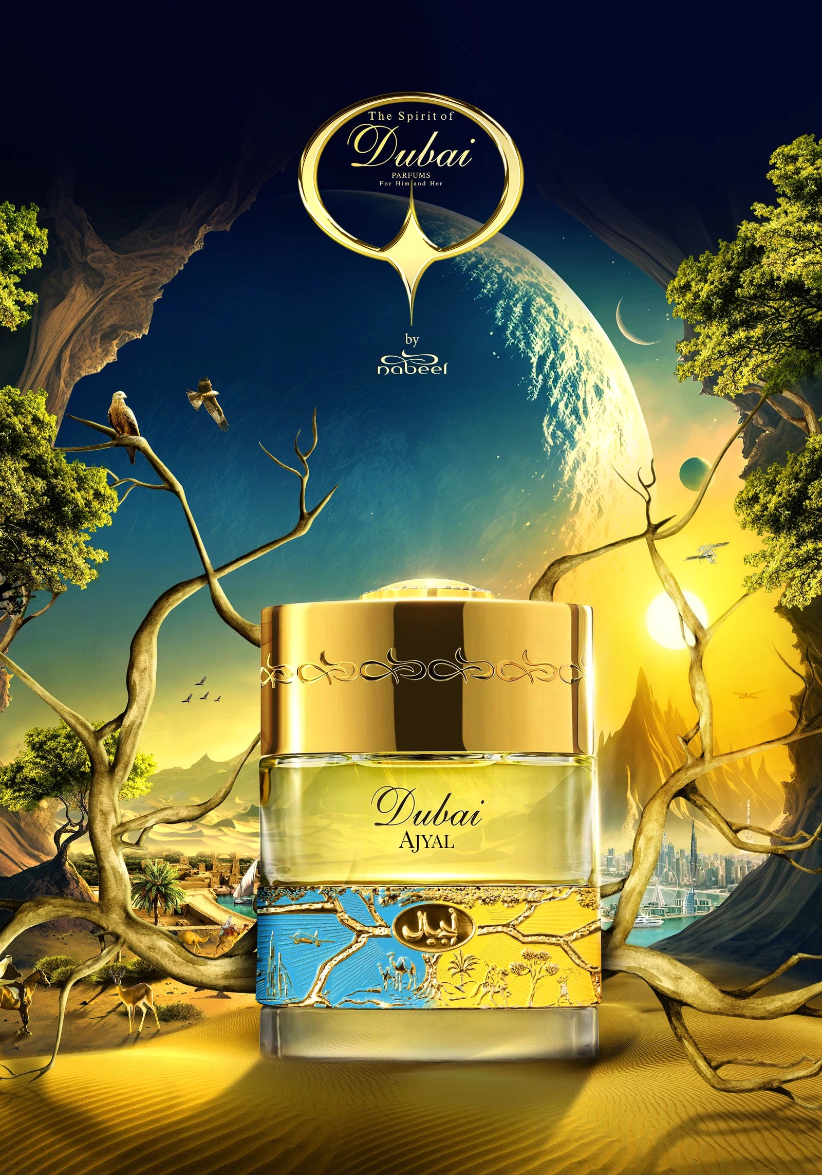 Spirit of Dubai Ajyal Flakon in goldener Märchenlandschaft mit Bäumen und Mond