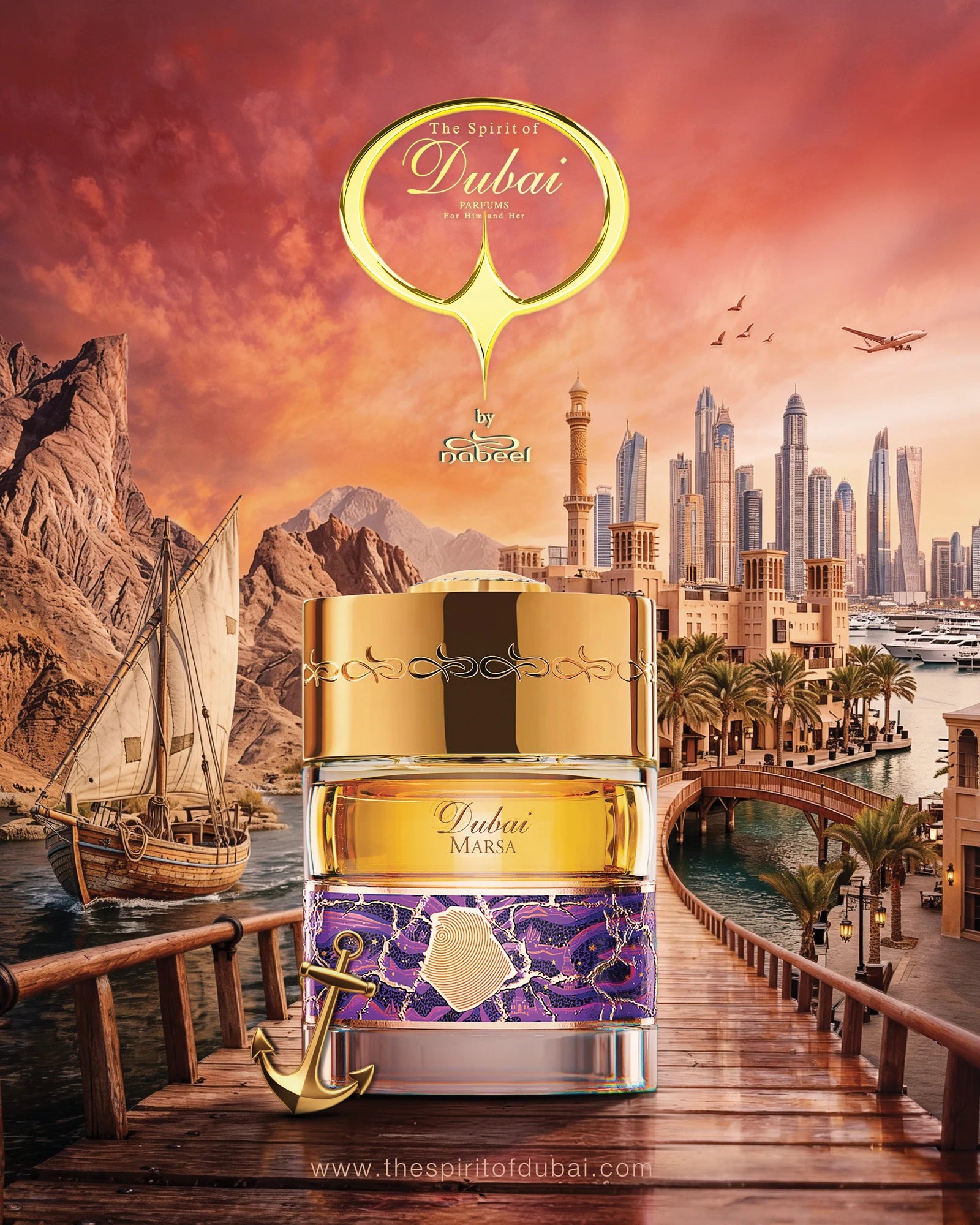 Spirit of Dubai Marsa Flakon vor Hafenkulisse mit Dhau und Dubai-Skyline im Abendrot