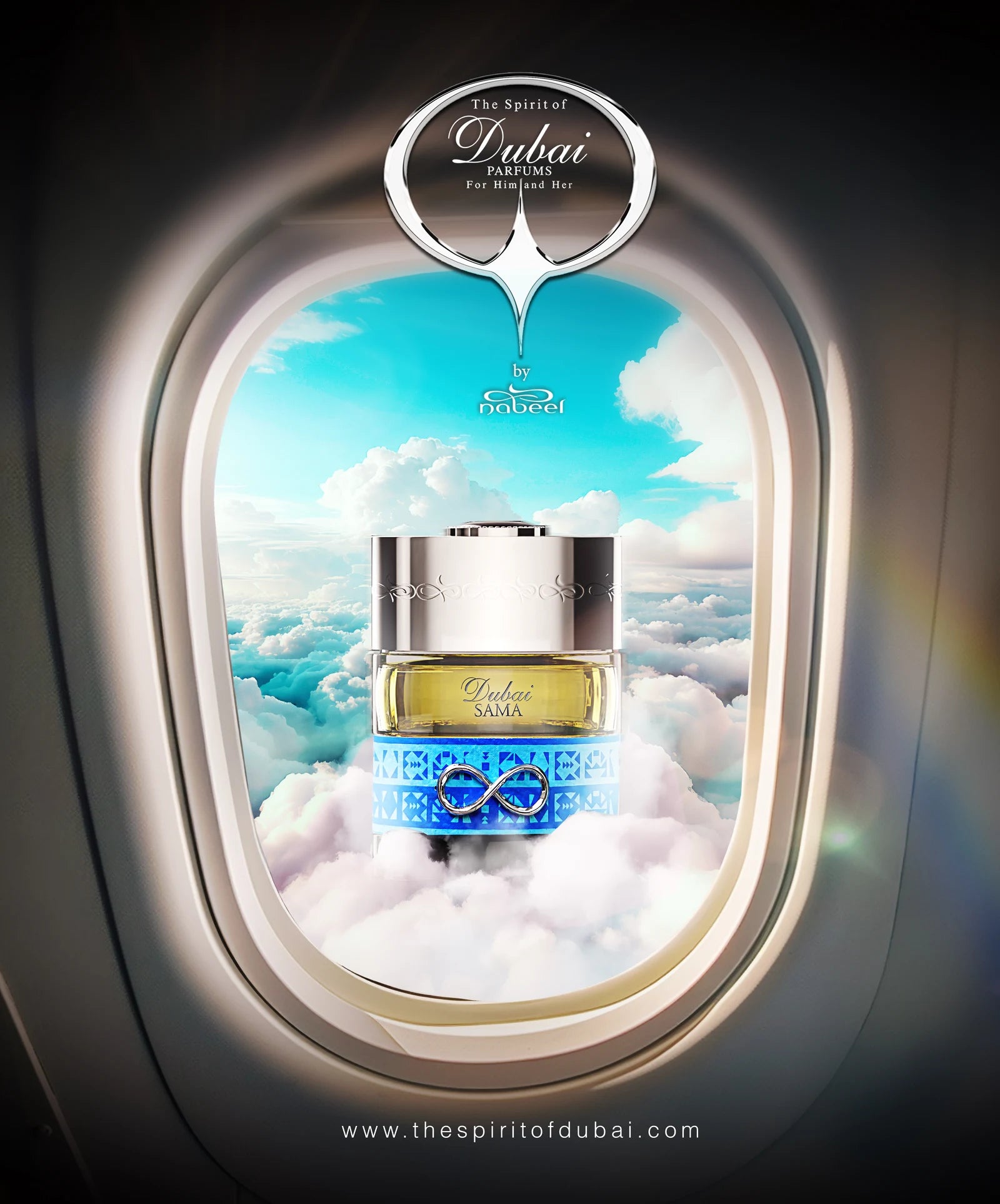 Spirit of Dubai Sama Flakon im Flugzeugfenster über den Wolken