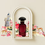 Widian Baniyas bottle in an archway among watercolour roses, gazelles and an Arabian watchtower